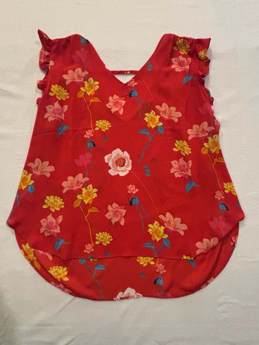 LOFT Red Floral Bar Back Flutter Sleeve Blouse Size XL